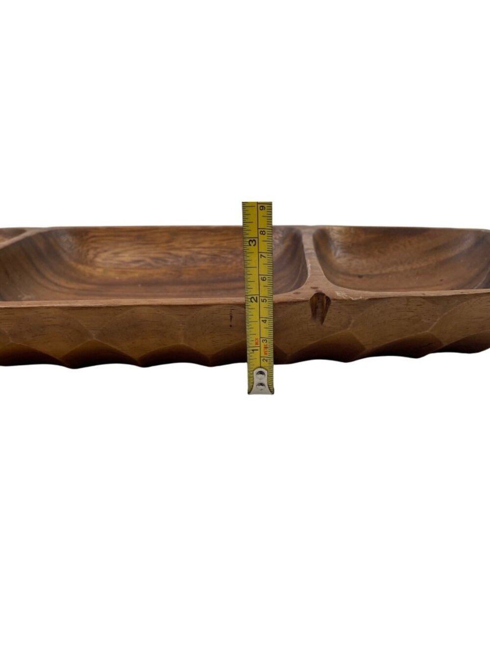 Hand-Carved Wooden Divided Serving Tray With Scalloped Edge - Vintage Rustic Dec - Picture 14 of 14